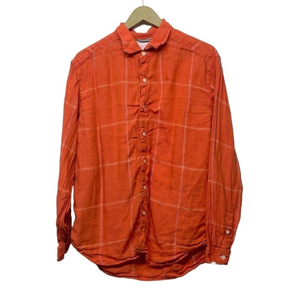 Tommy Bahama Relax Mens 100% Linen Orange White Checkered Shirt Size Medium